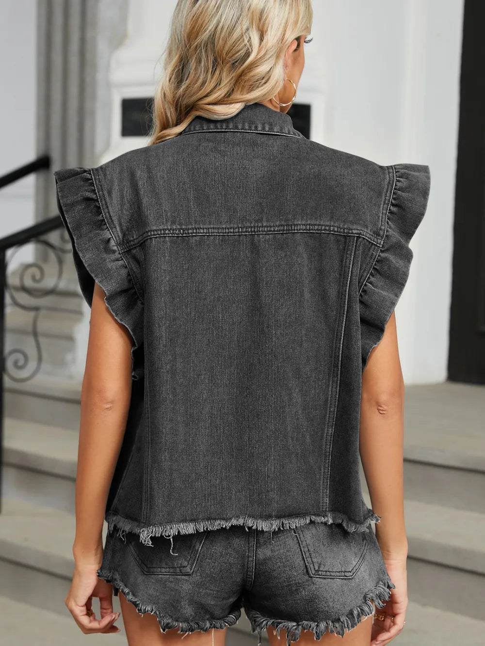 Raw Hem Cap Sleeve Denim Jacket in Black, view 8