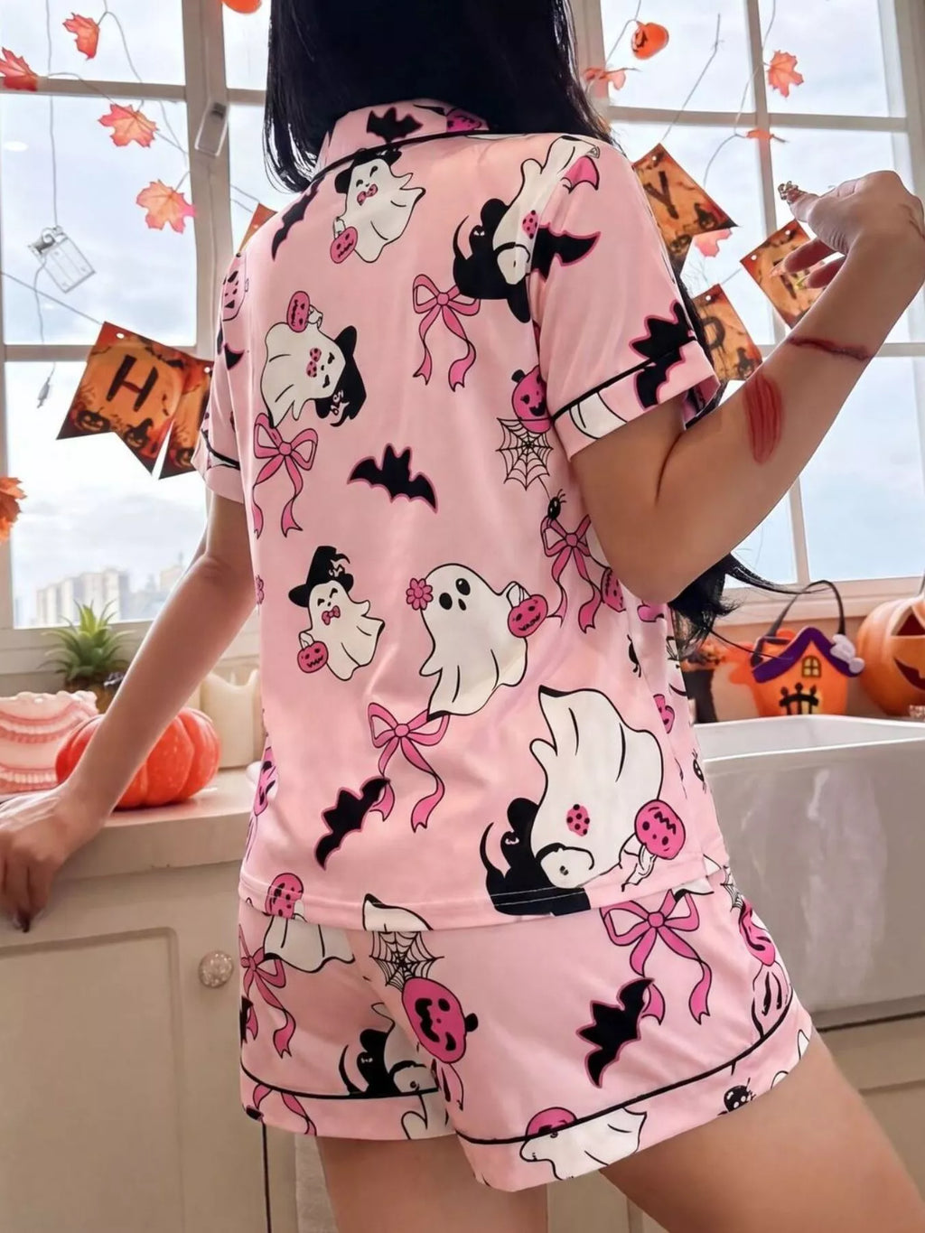 Halloween Ghost Print Button-Down Top and Shorts Lounge Set - Lilixa.store