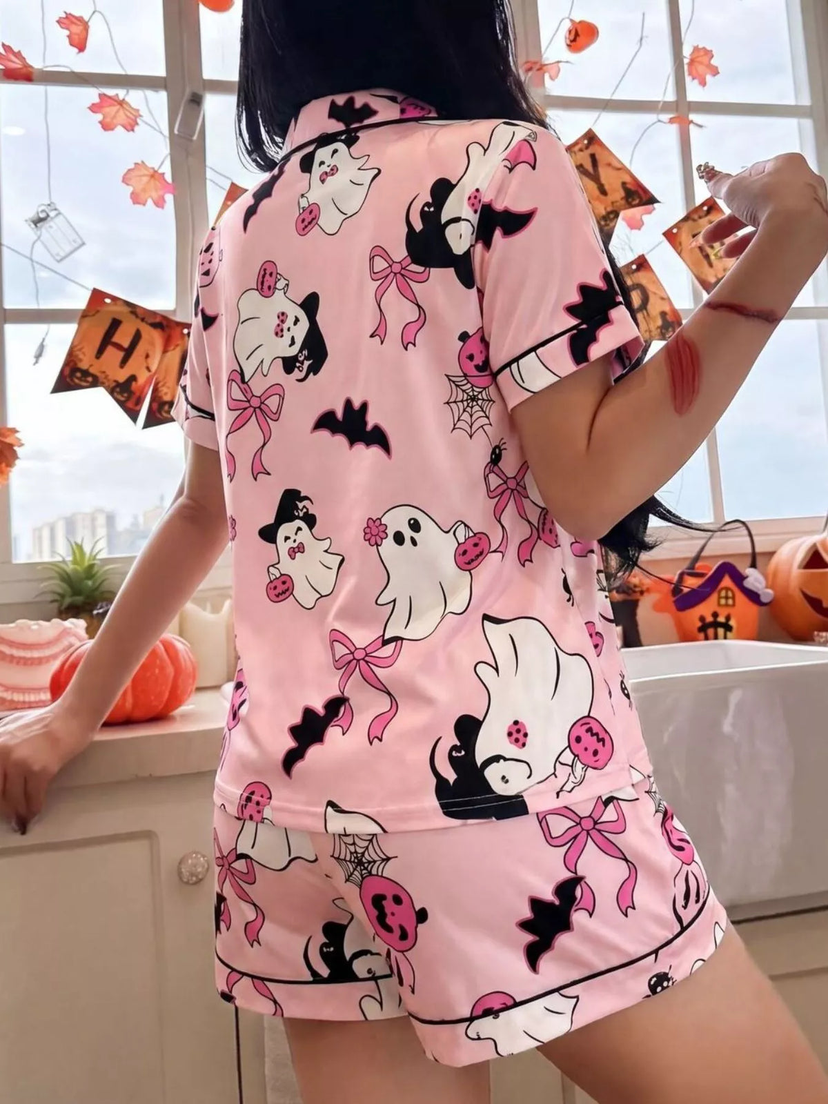 Halloween Ghost Print Button-Down Top and Shorts Lounge Set - Lilixa.store