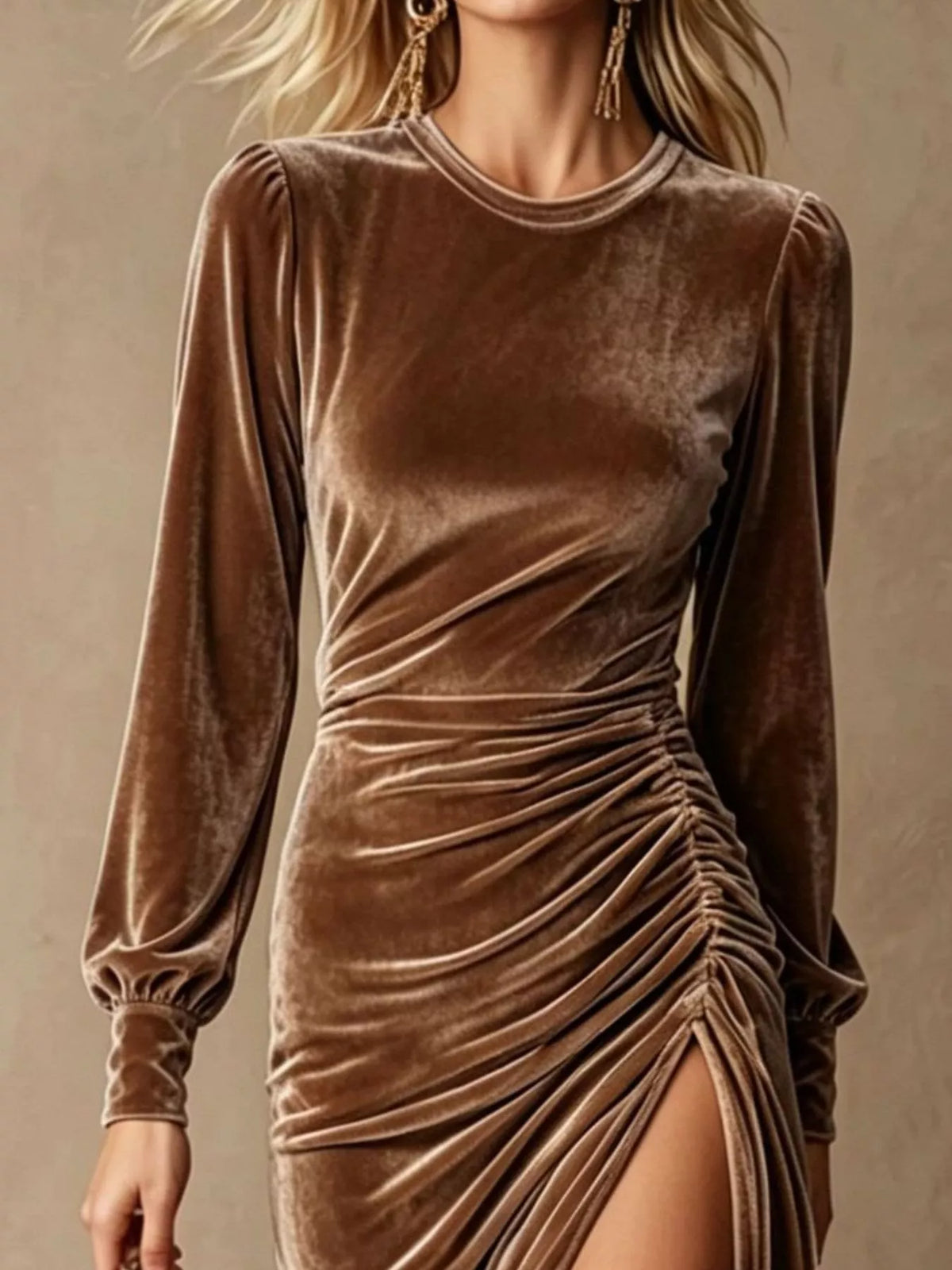 Velvet Ruched Long-Sleeve Slit Dress - Lilixa.store