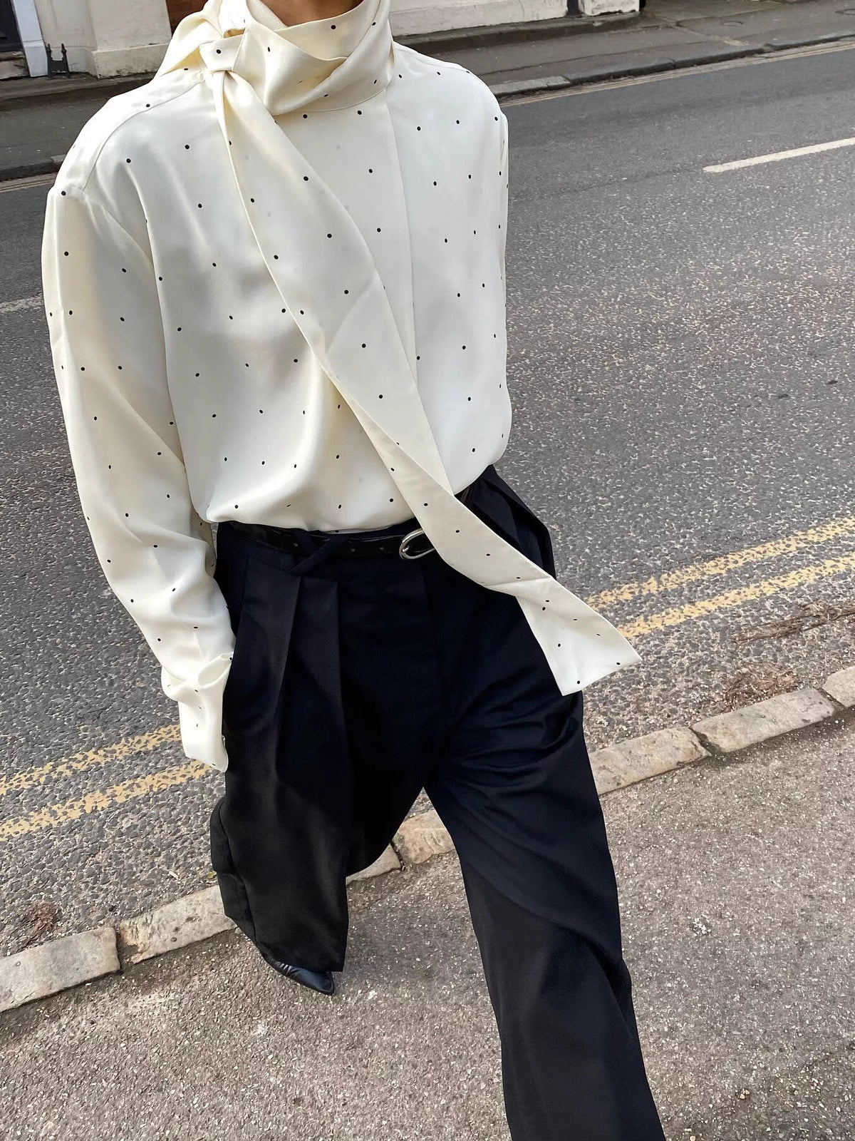 Polka Dot Silk Blouse with Scarf Neck Tie in White, view 3