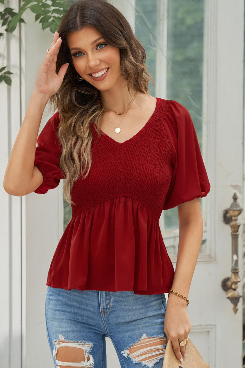 Smocked Balloon Sleeve Peplum Blouse, view 3