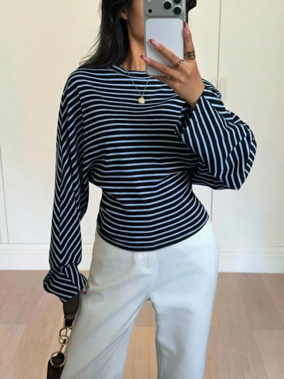 Casual Striped Long Sleeve Batwing T-Shirt, view 7