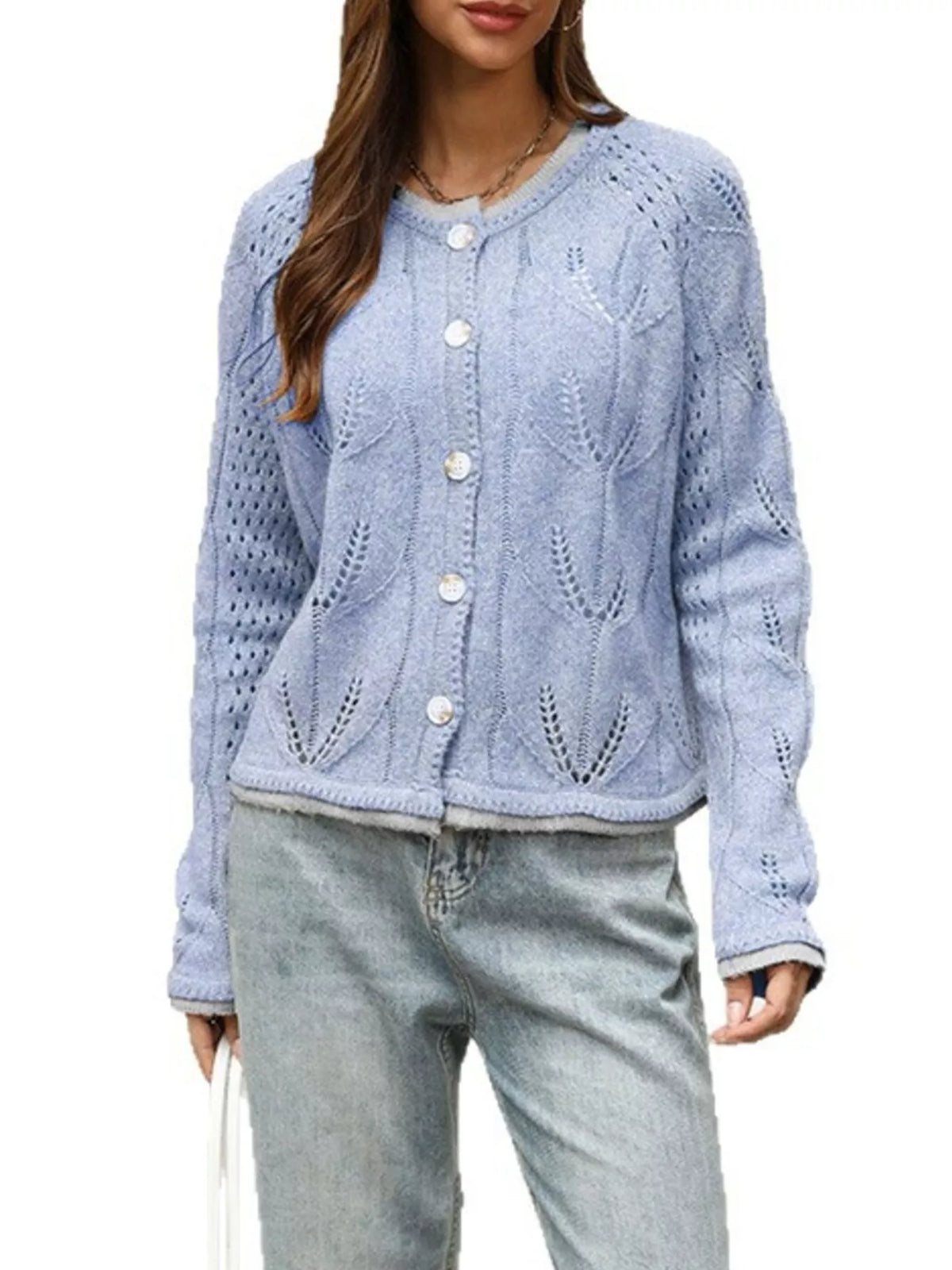 Hollow-Out Knit Button-Down Cardigan - Lilixa.store