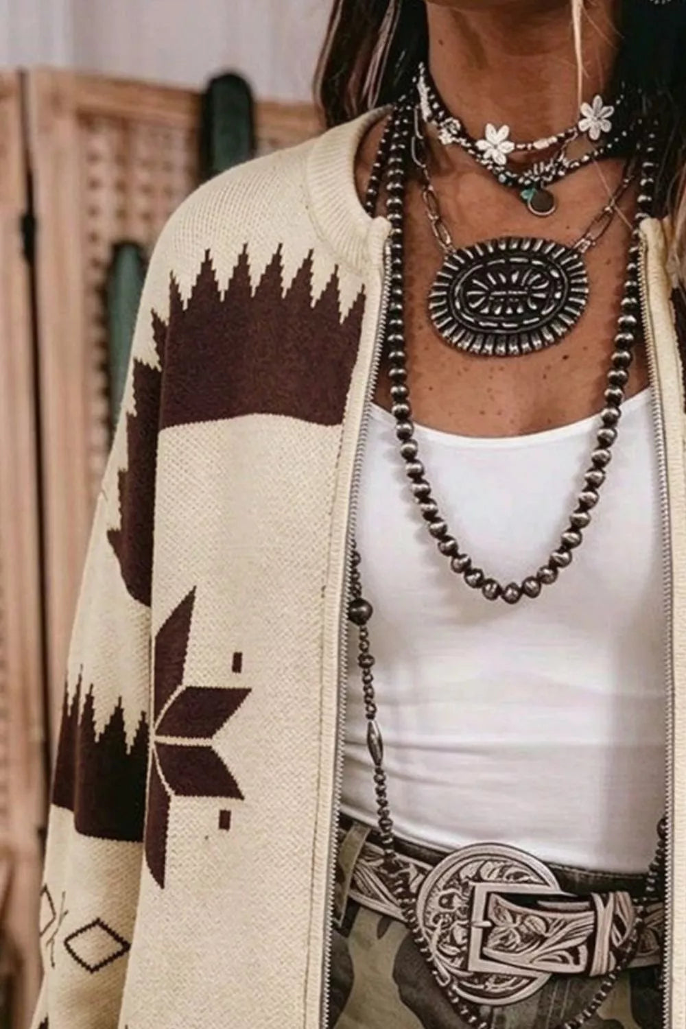 Geometric Zip-Up Knit Cardigan