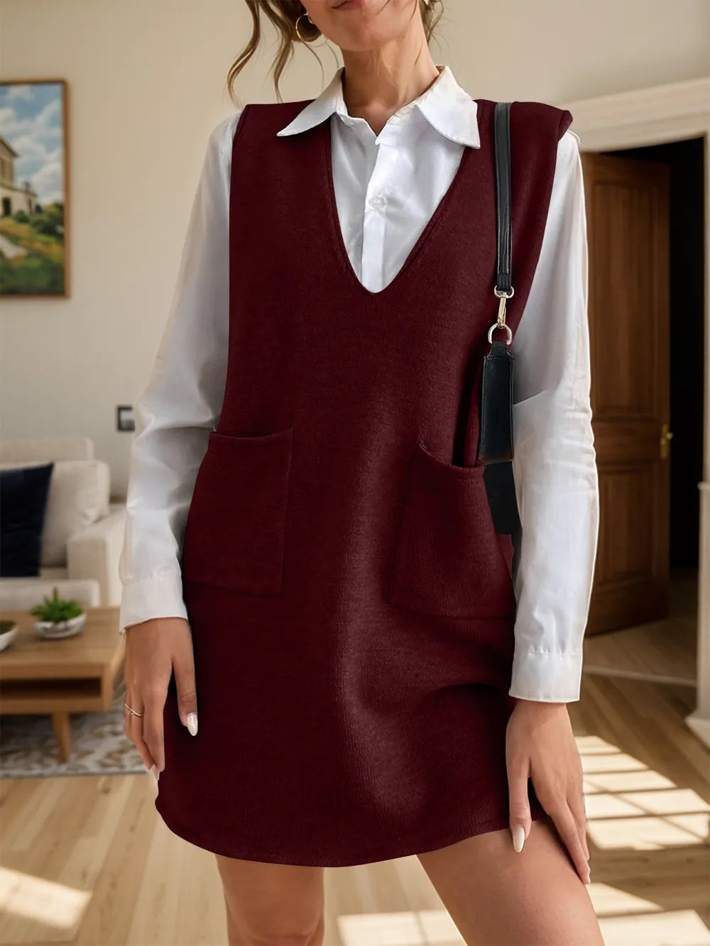 V-Neck Sleeveless Sweater Dress with Pockets in Burgundy