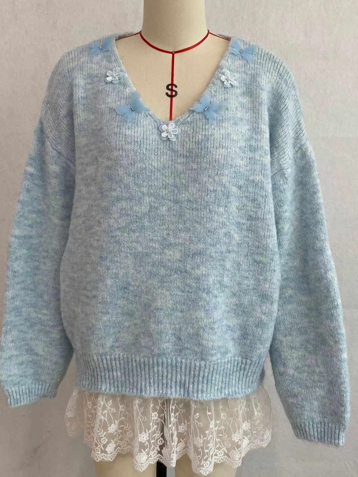 V-Neck Floral Applique Lace Hem Sweater, view 4