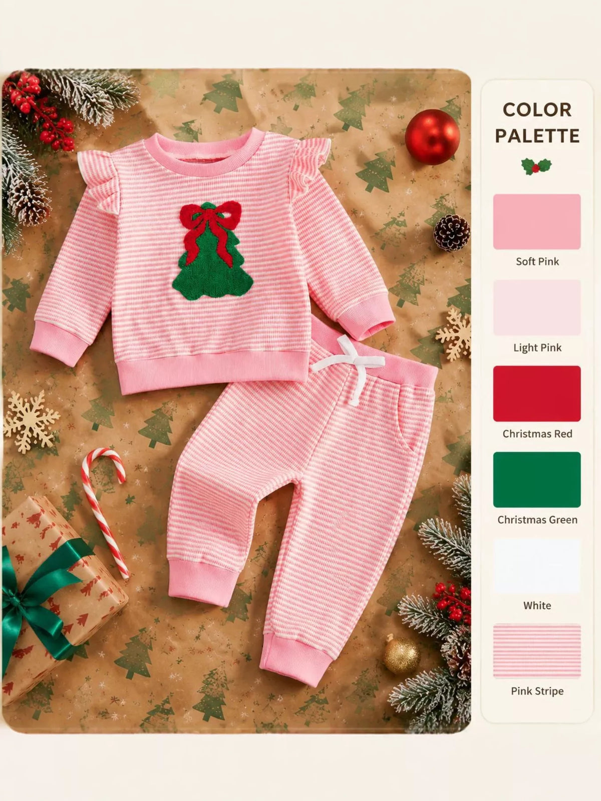 Children's Striped Christmas Tree Ruffle Pajama Set - Lilixa.store