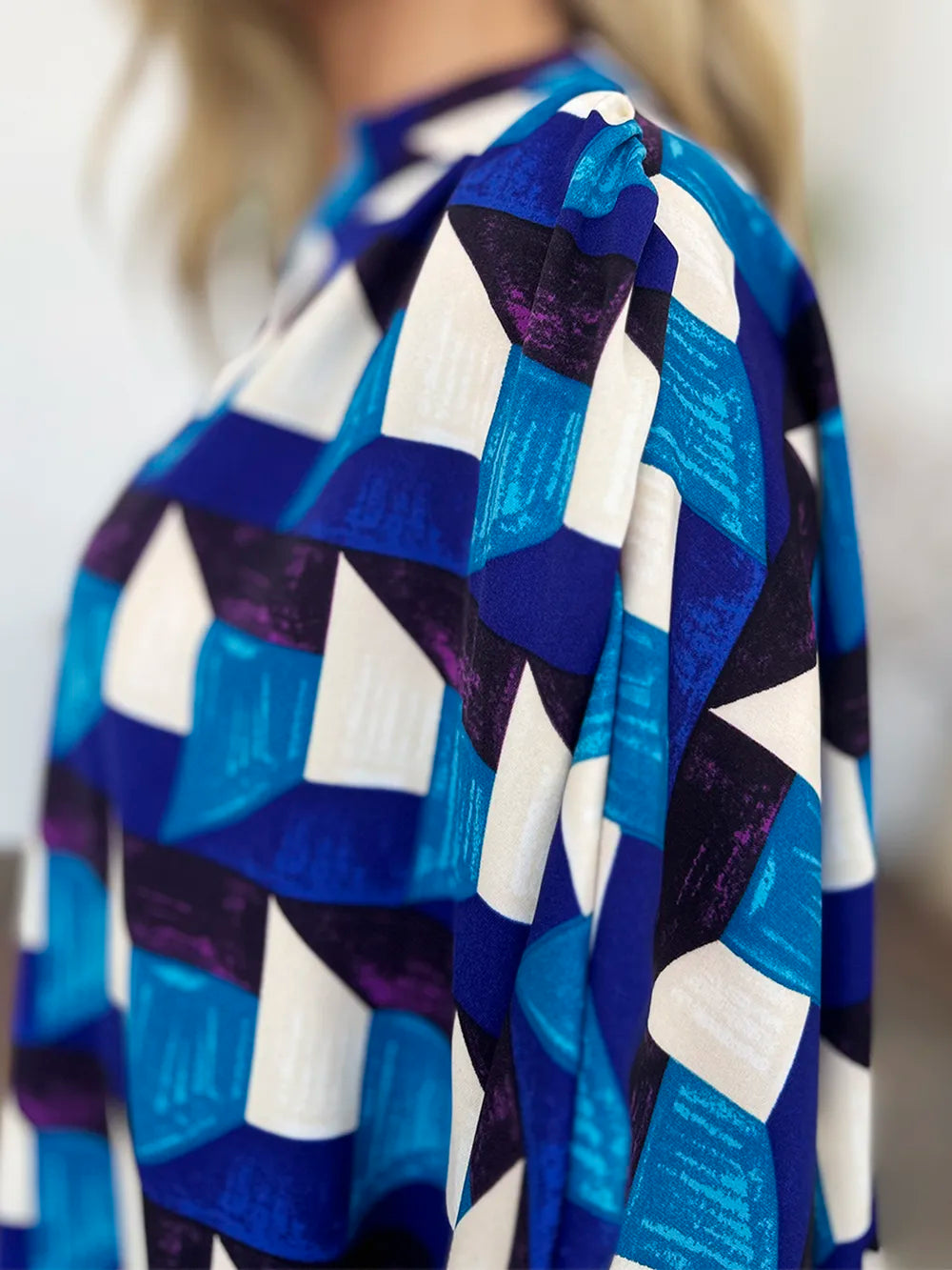 Double Take Full Size Geometric Notched Half Sleeve Blouse - Lilixa.store