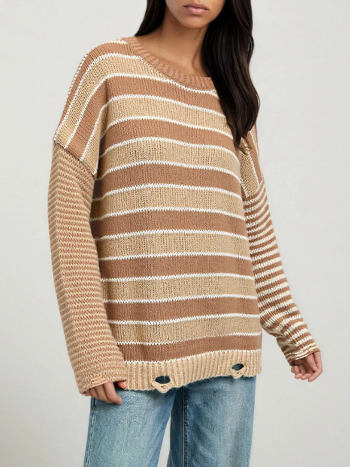 Oversized Striped Distressed Sweater - Lilixa.store