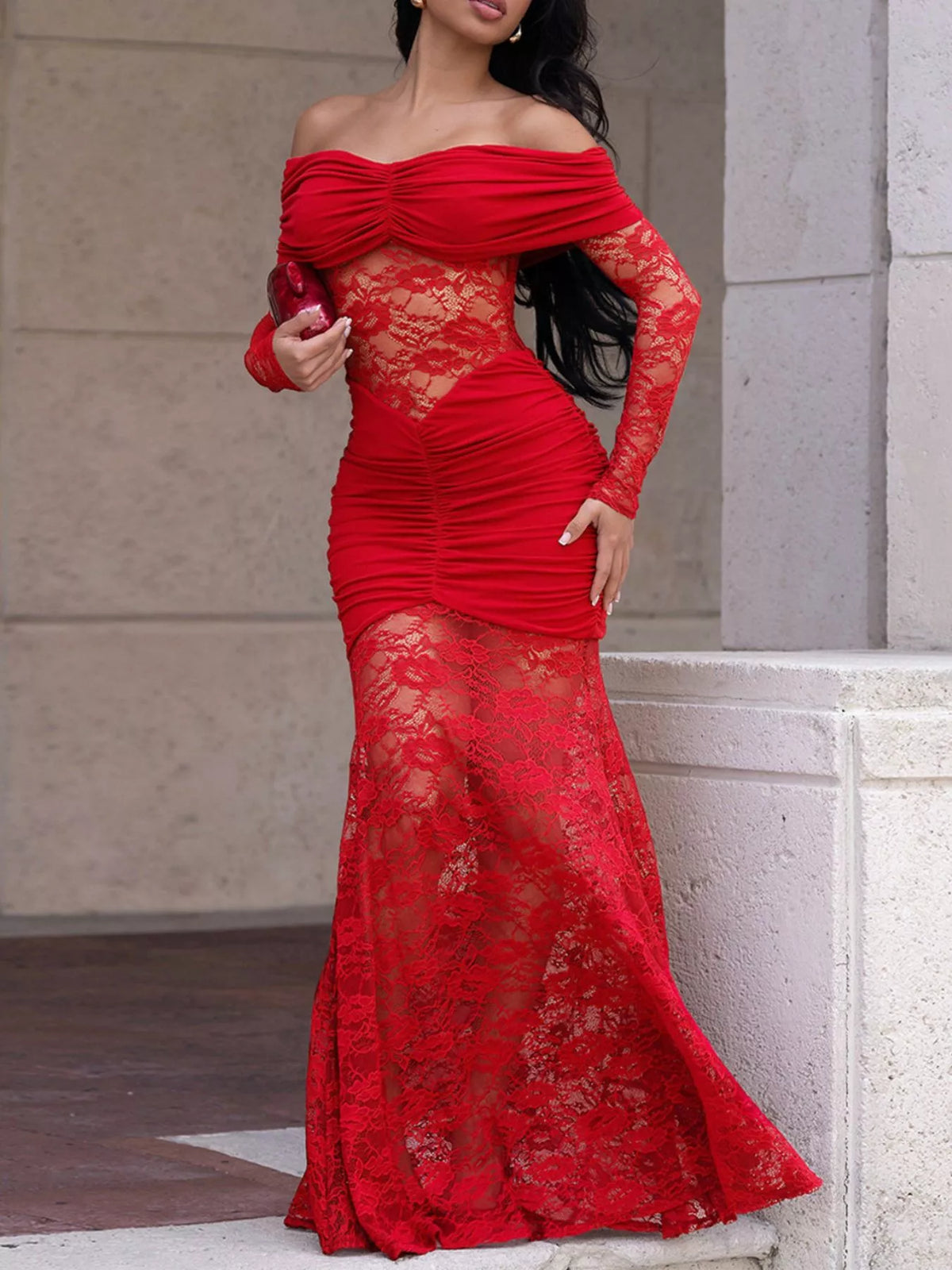 Off-Shoulder Ruched Lace Mermaid Maxi Dress - Lilixa.store