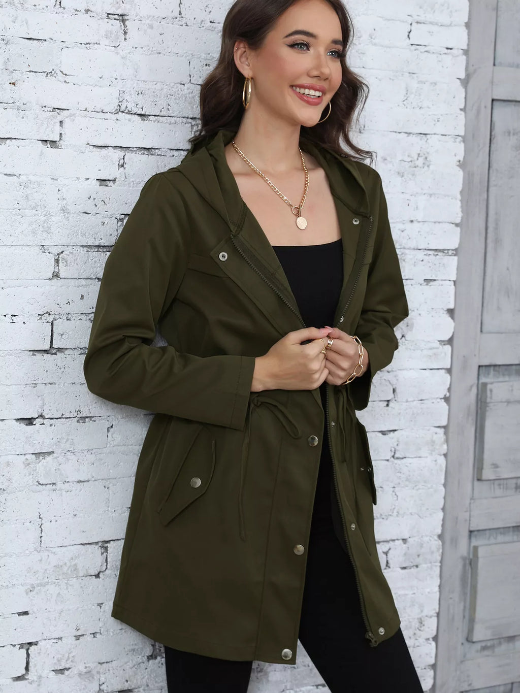 Hooded Drawstring Waist Casual Outerwear - Lilixa.store