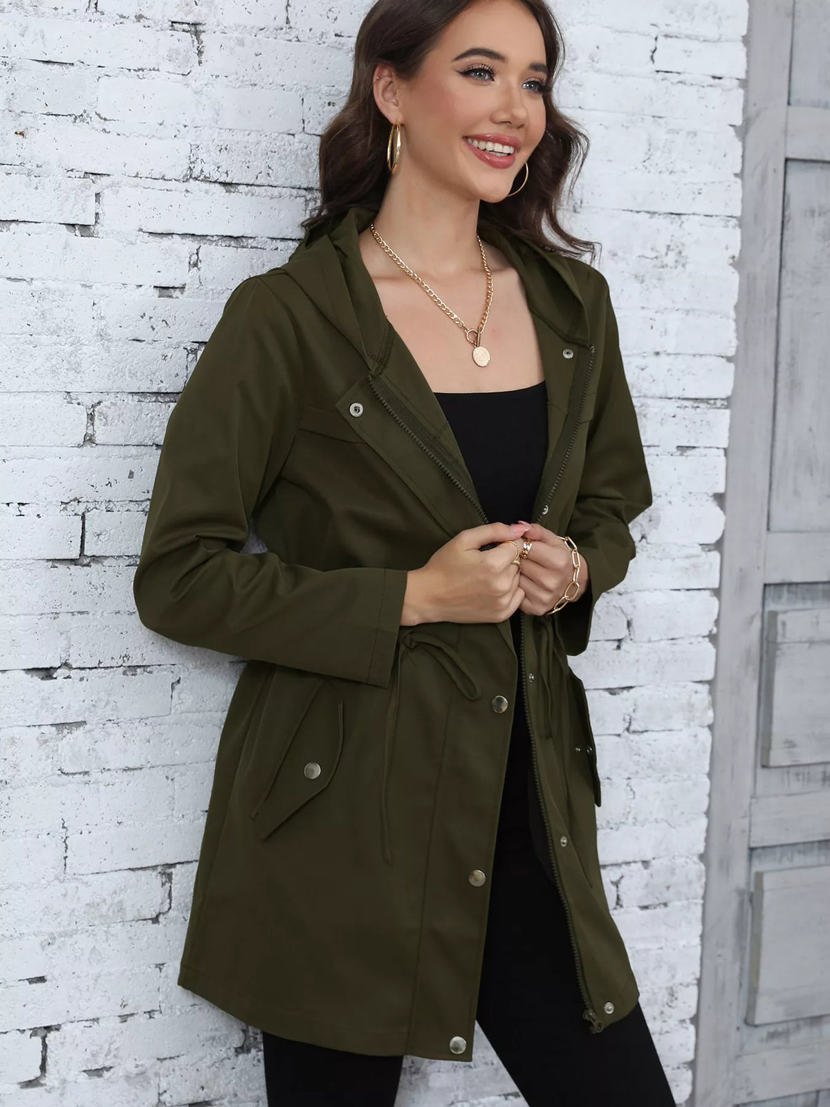 Hooded Drawstring Waist Casual Outerwear - Lilixa.store