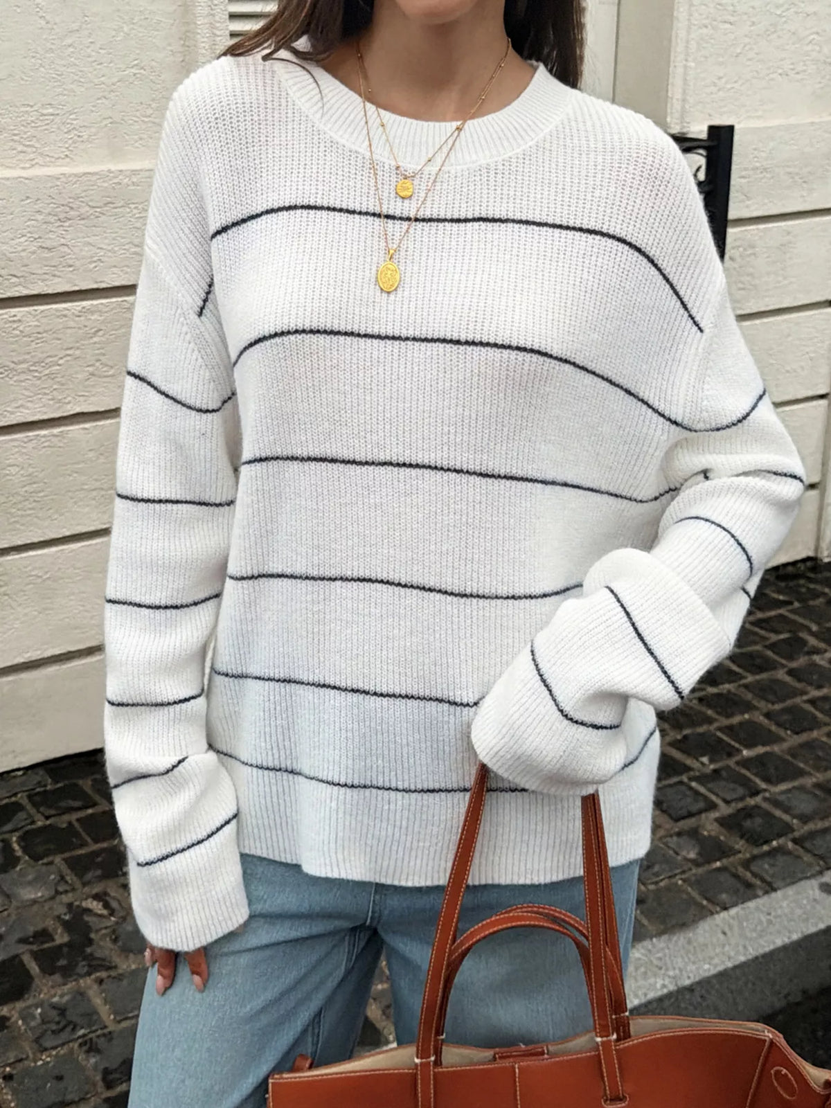 Striped Crew Neck Dropped Shoulder Sweater - Lilixa.store