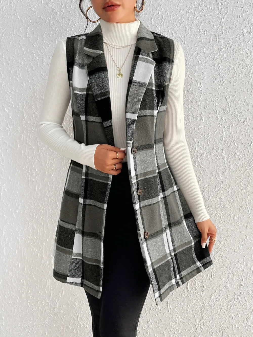 Honey Plaid Button Up Vest Coat, view 3