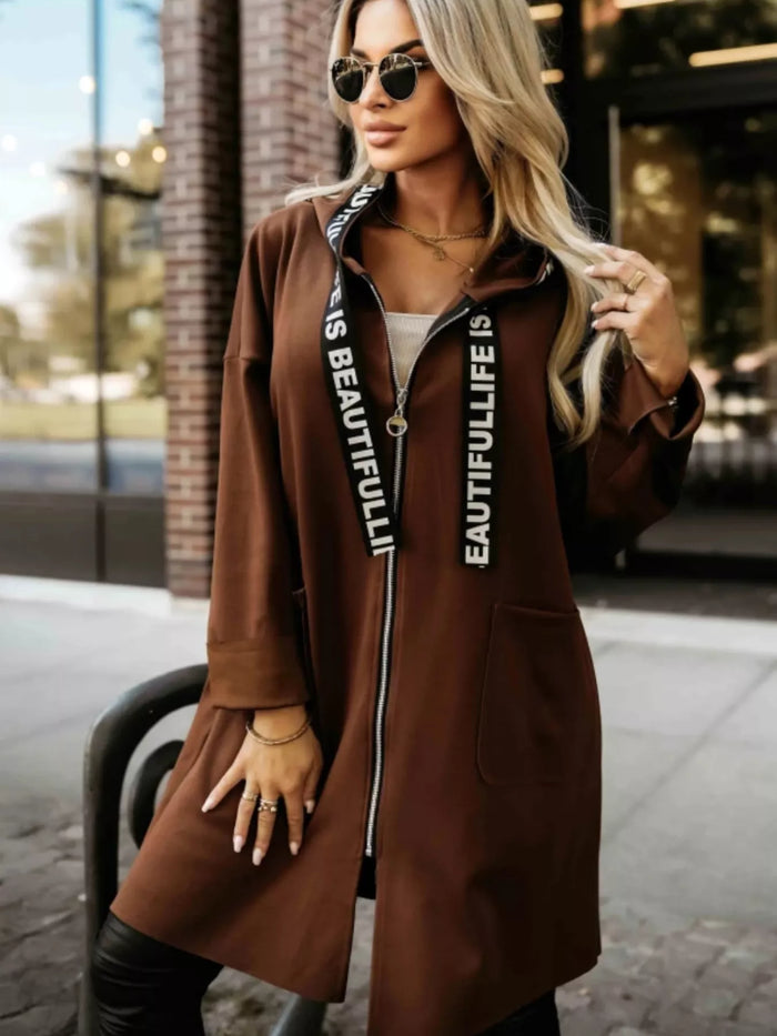 Full Size Casual Hooded Zip-Up Longline Outerwear Plus Size in Brown