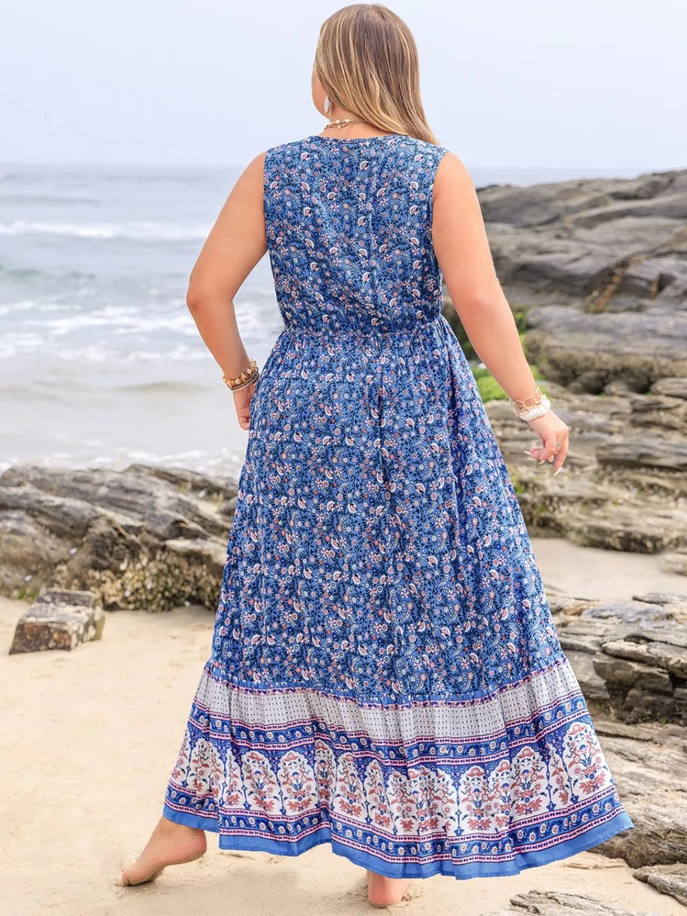 Plus Size Tied Printed Sleeveless Maxi Dress - Lilixa.store