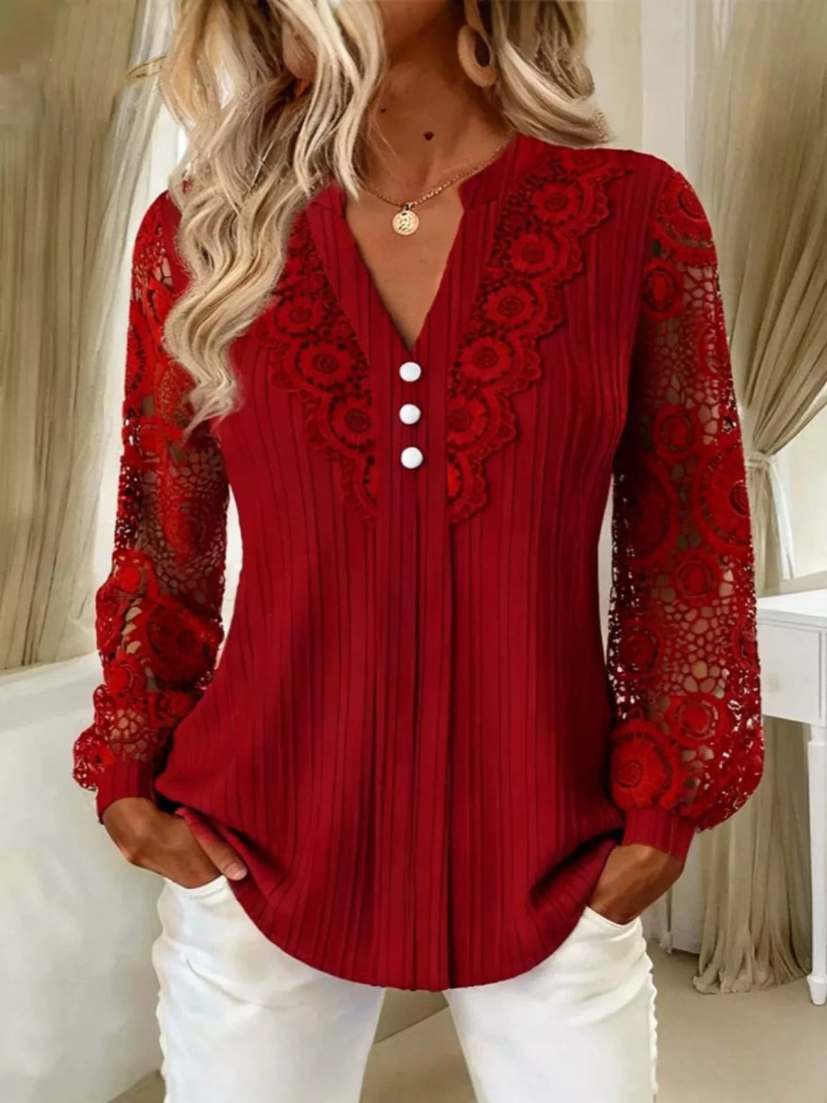 Lace Long Sleeve Notched Blouse - Lilixa.store