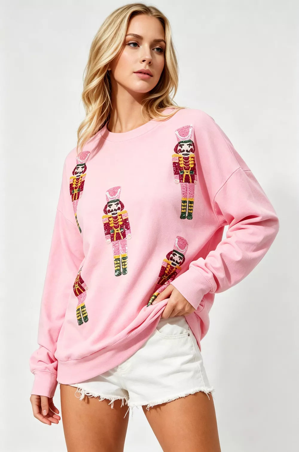 Double Take Oversized Sequin Nutcracker Long Sleeve Crewneck Sweatshirt - Lilixa.store