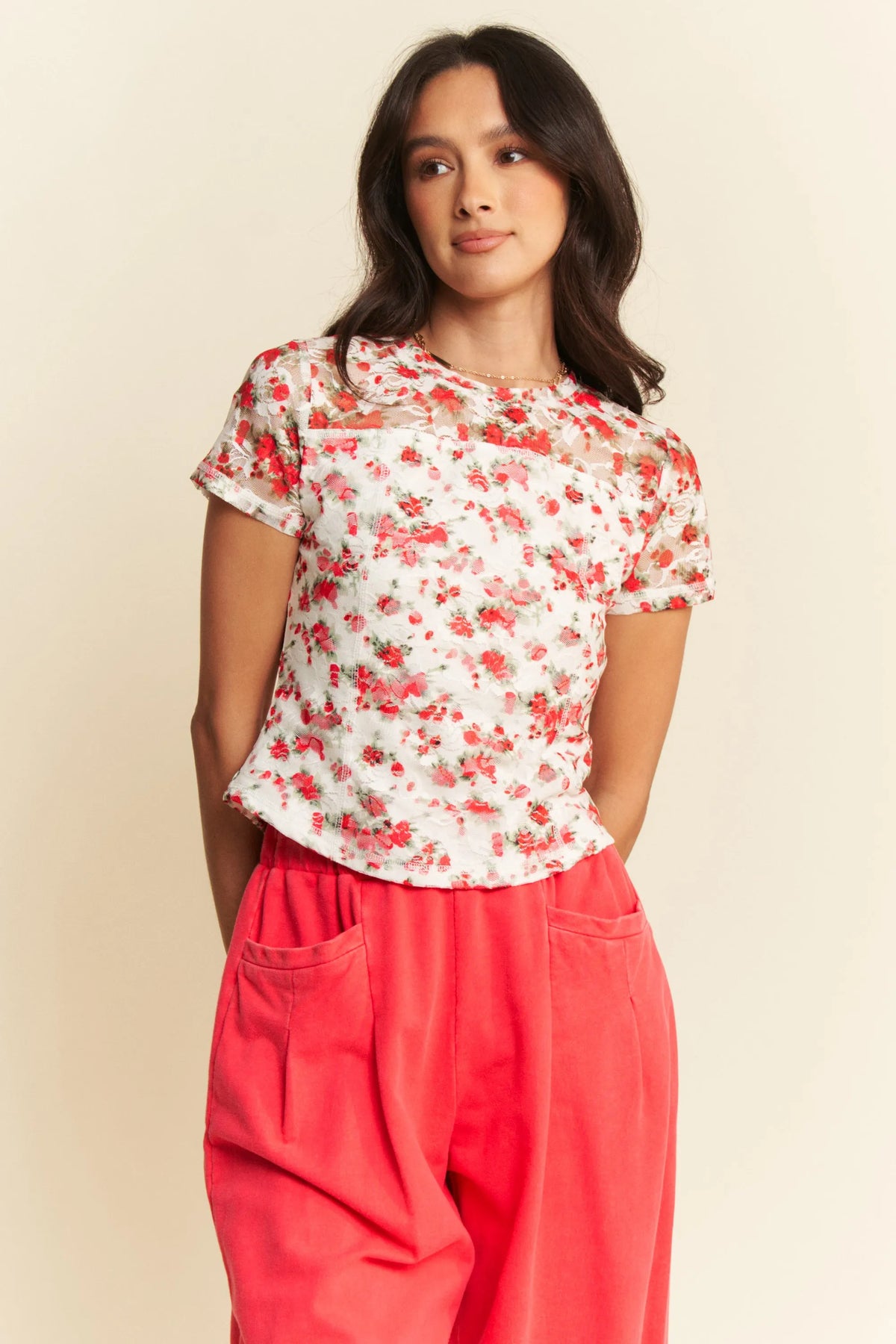 Davi & Dani Ribbon Short Sleeve Layered Mesh Top - Lilixa.store