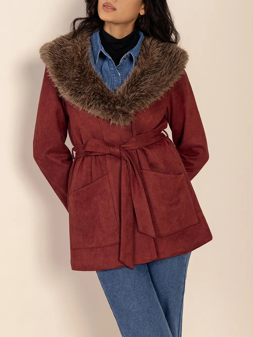 Fuzzy Collared Neck Tie Waist Jacket in Burgundy