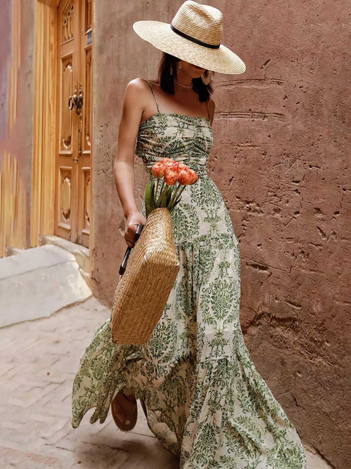 Cutout Back Printed Spaghetti Strap Tiered Maxi Dress