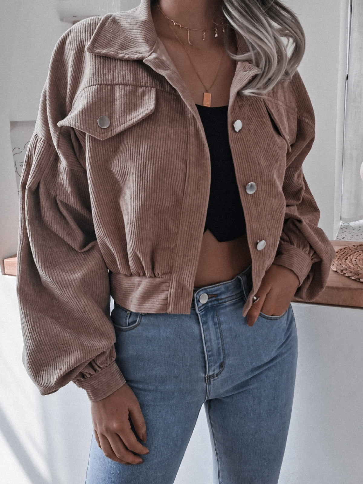 Lantern Sleeve Cropped Corduroy Jacket, view 5