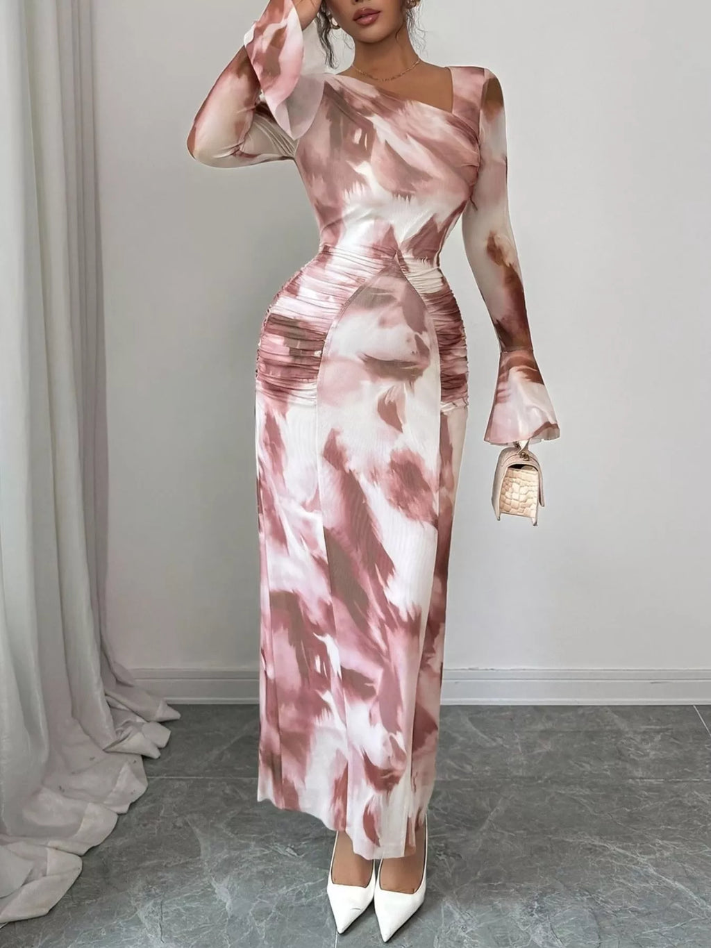 Printed Asymmetrical Neck Long Sleeve Maxi Dress - Lilixa.store