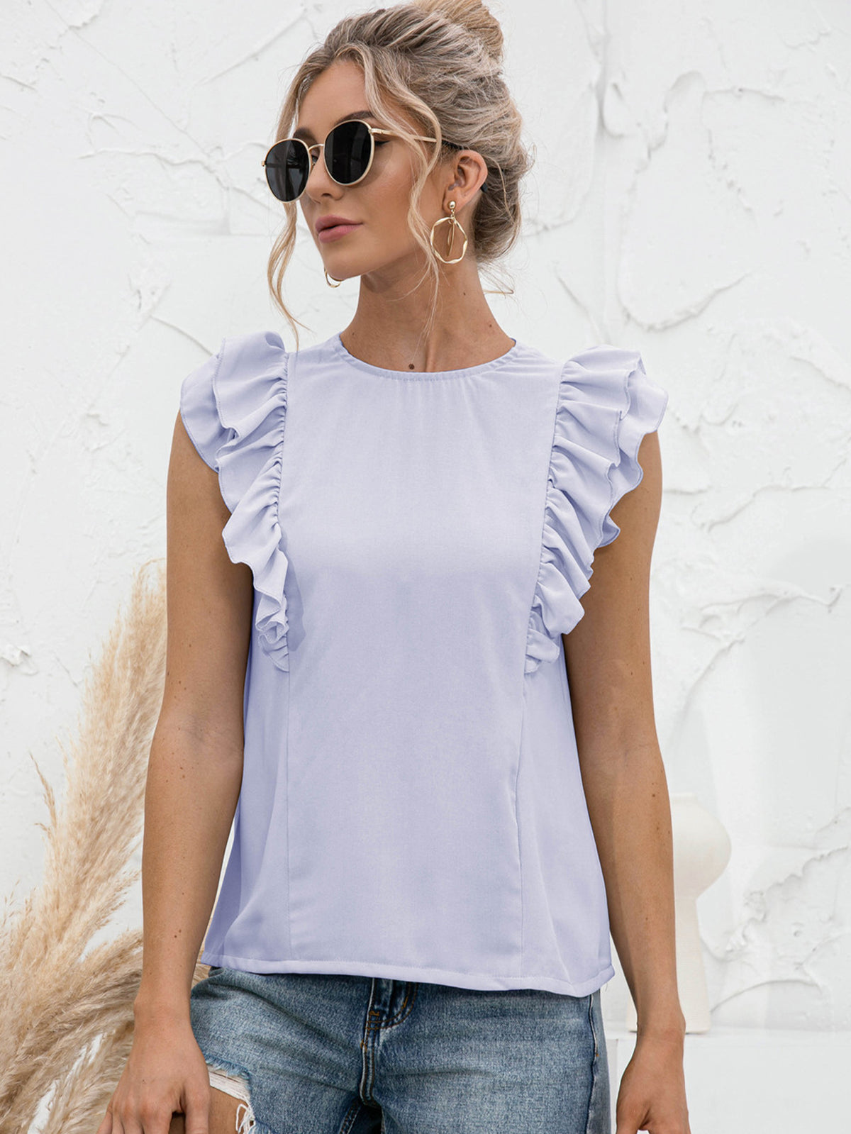 Round Neck Tied Open Back Flutter Sleeve Top, view 3