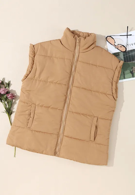 Zip Up Vest Coat with Pockets in Tan, view 7
