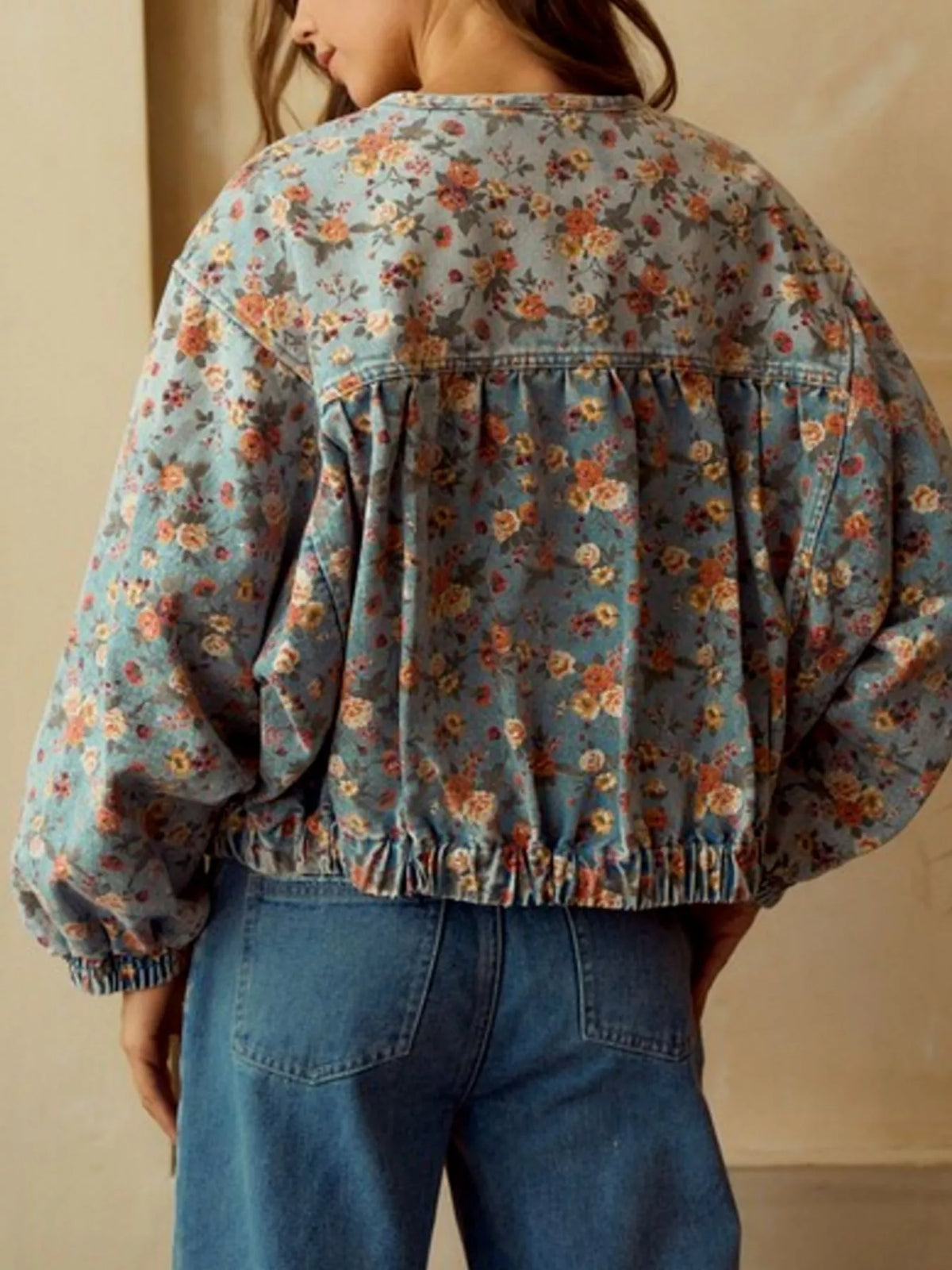 Floral Print Zip Up Cropped Denim Jacket, view 3