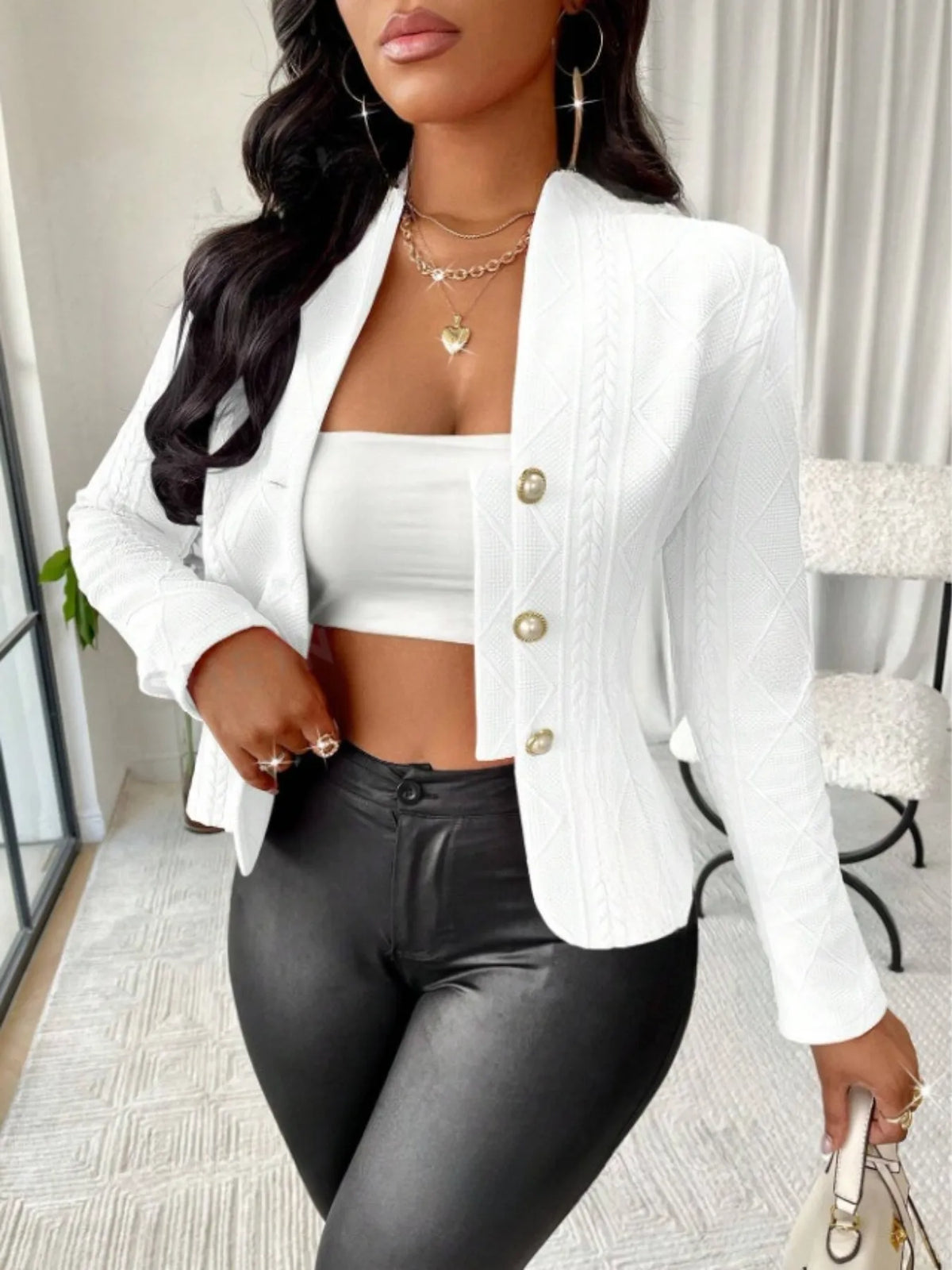 Textured Button Up Long Sleeve Jacket in White