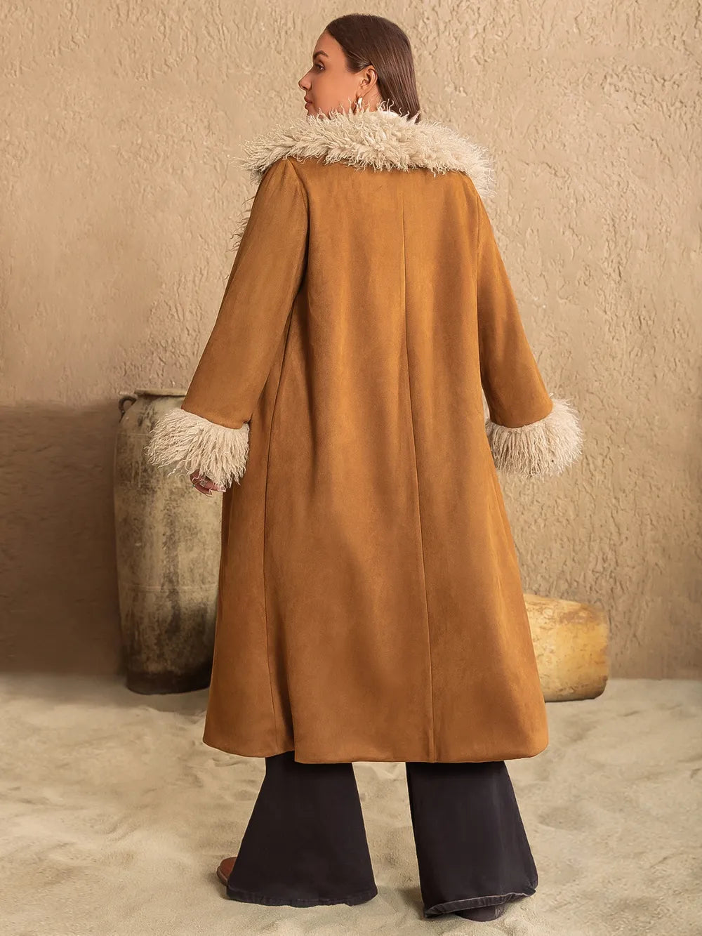 Plus Size Furry Trim Open Front Long Sleeve Coat in Caramel, view 2
