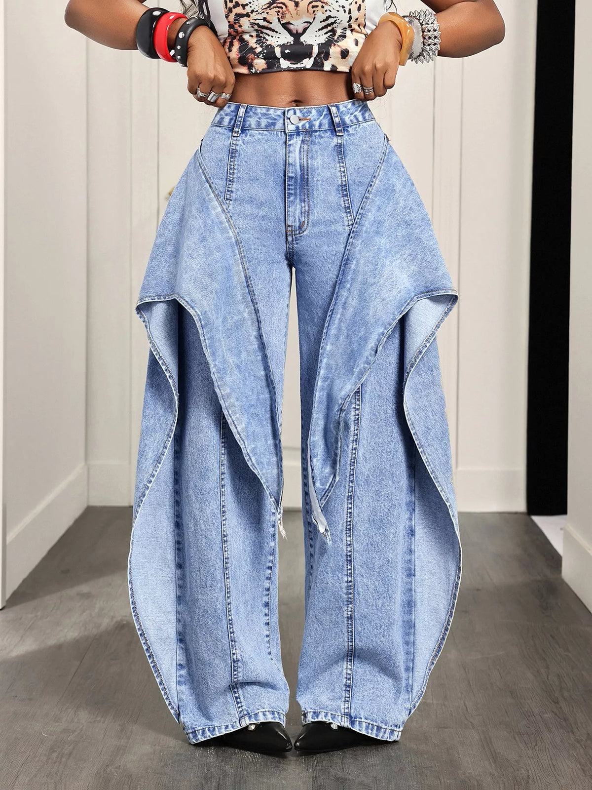 High-Waisted Ruffled Wide-Leg Jeans - Lilixa.store