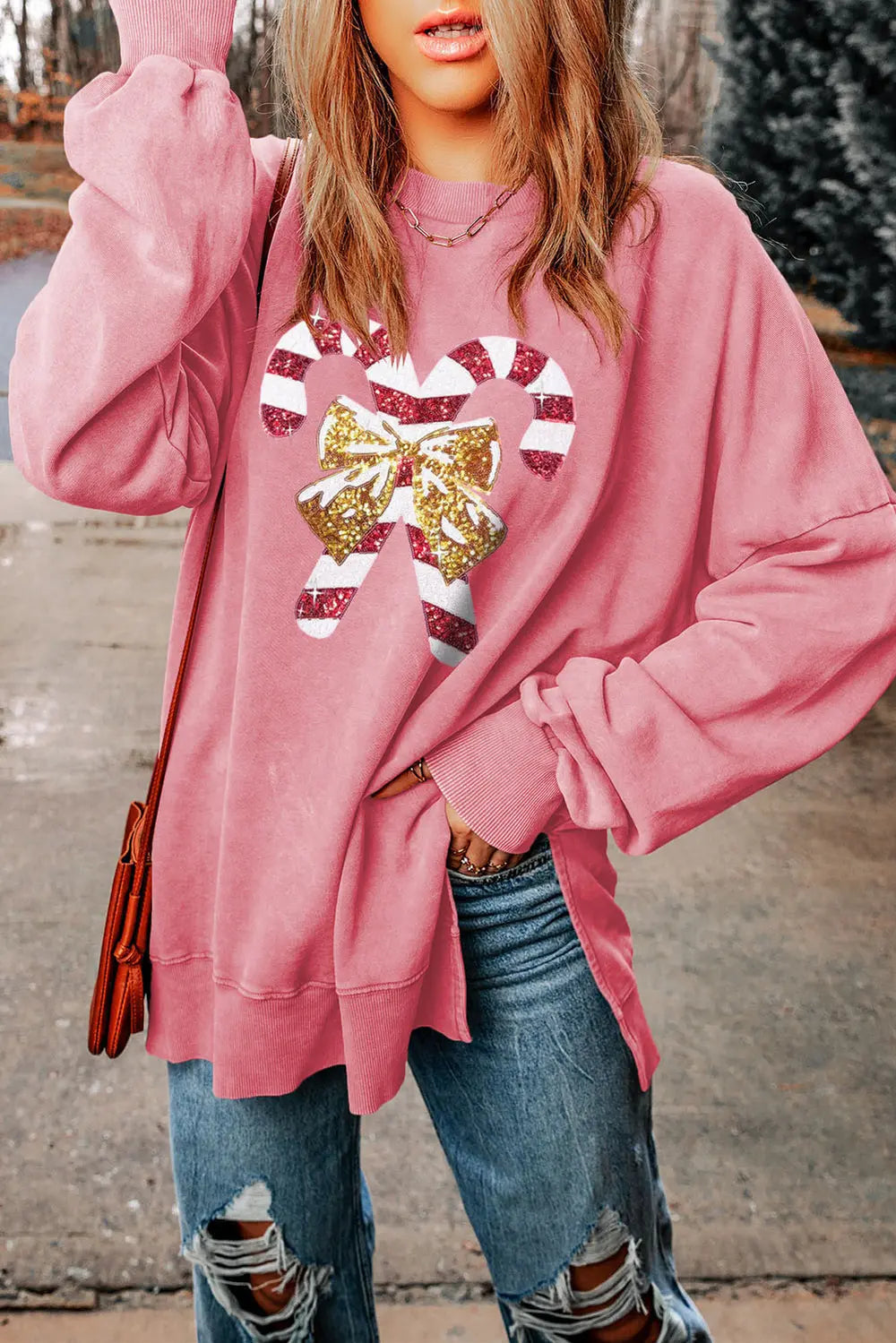 Sequin Candy Cane Round Neck Slit Sweatshirt - Lilixa.store