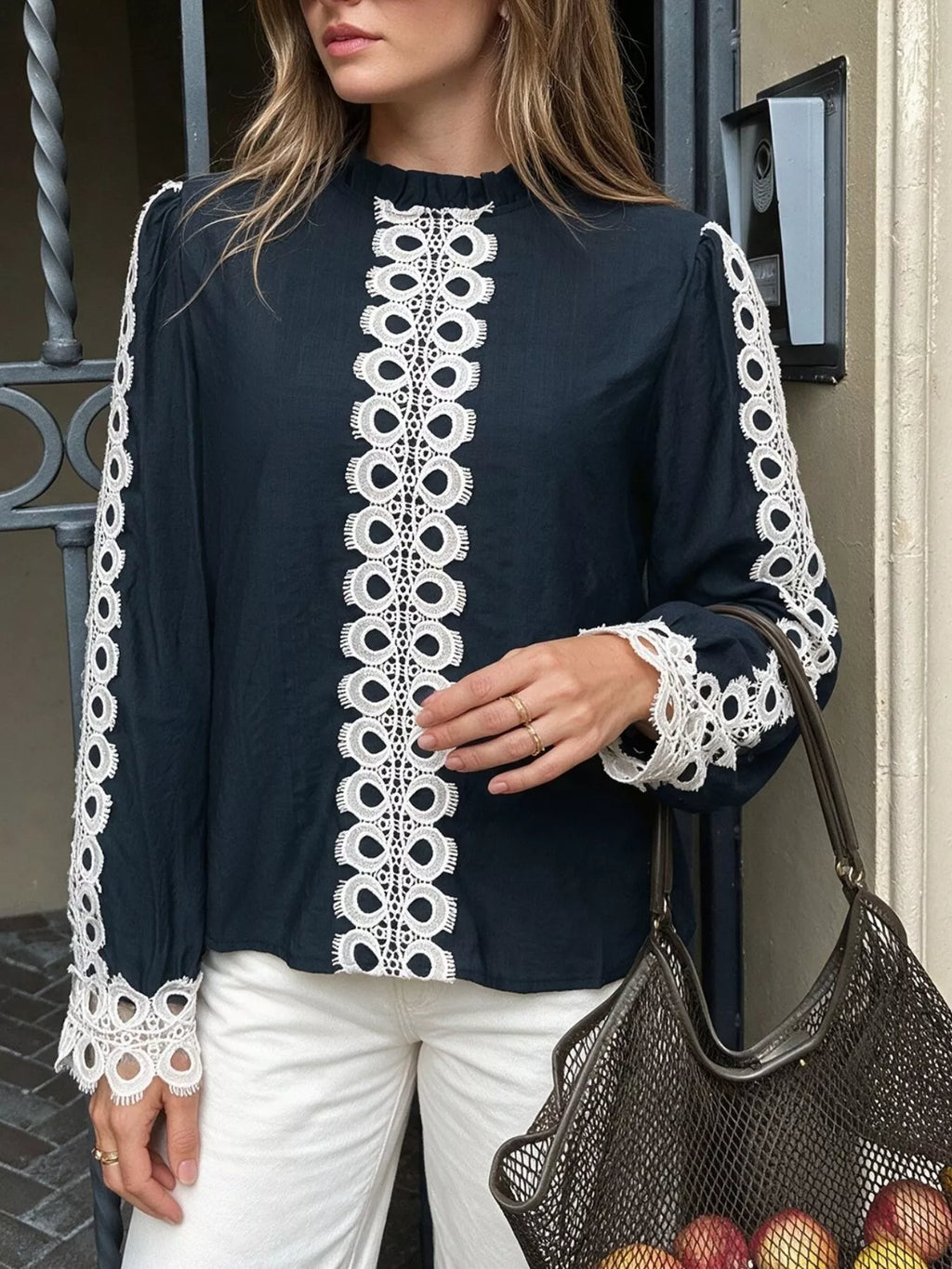 Lace Trim Long Sleeves Blouse - Lilixa.store