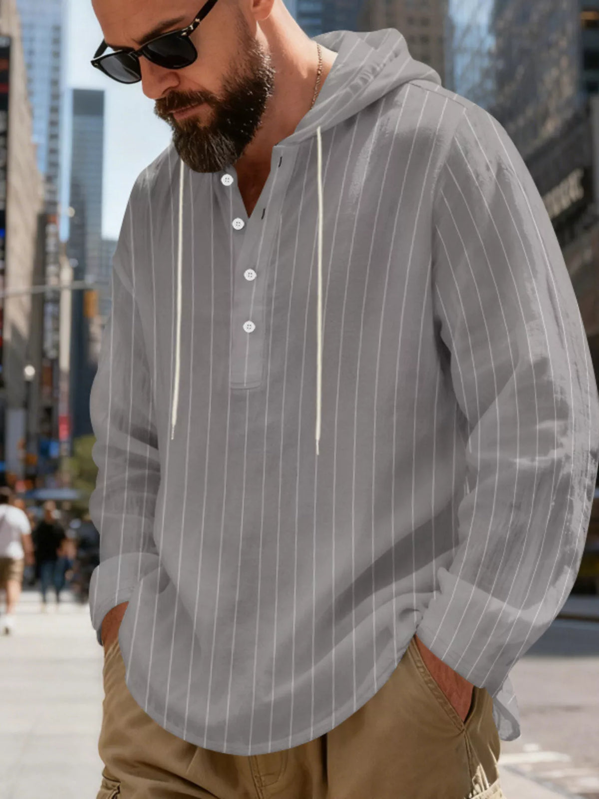 Men's Full Size Casual Striped Henley Hoodie with Drawstring Plus Size in Gray