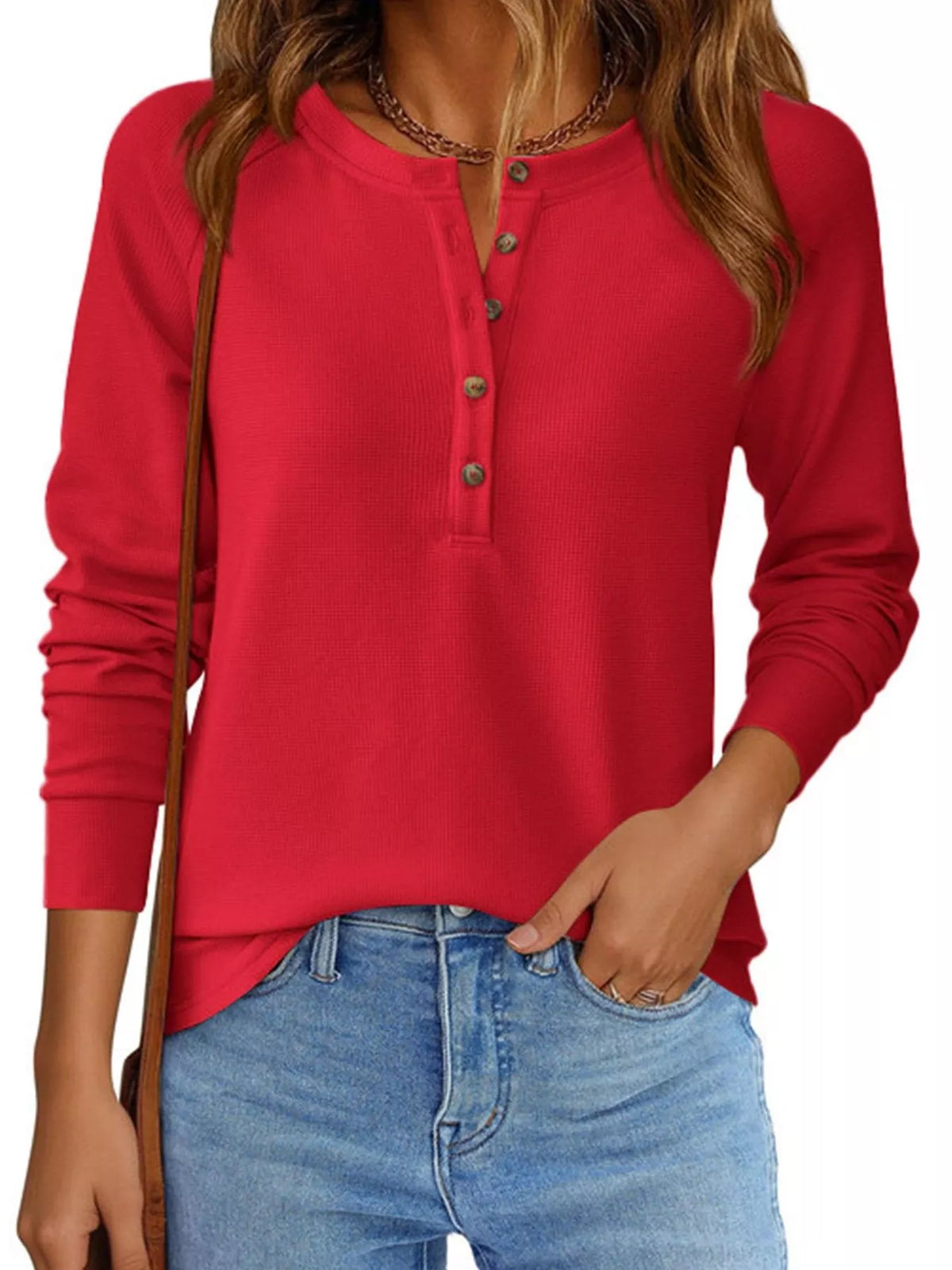 Waffle Knit Henley Long Sleeve T-Shirt