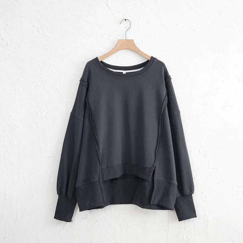 Exposed Seam High-Low Long Sleeve Sweatshirt - Lilixa.store