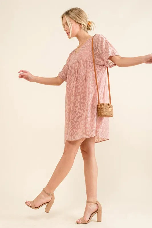 And The Why Woven Leopard Baby Doll Roll-Sleeve Casual Dress - Lilixa.store