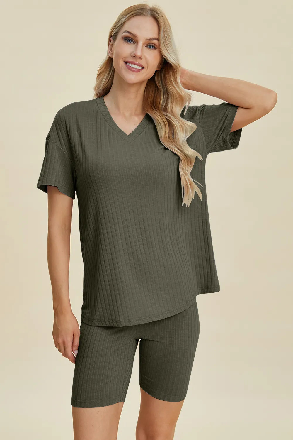 Basic Bae Full Size Ribbed V-Neck Short Sleeve Top and Shorts Set - Lilixa.store