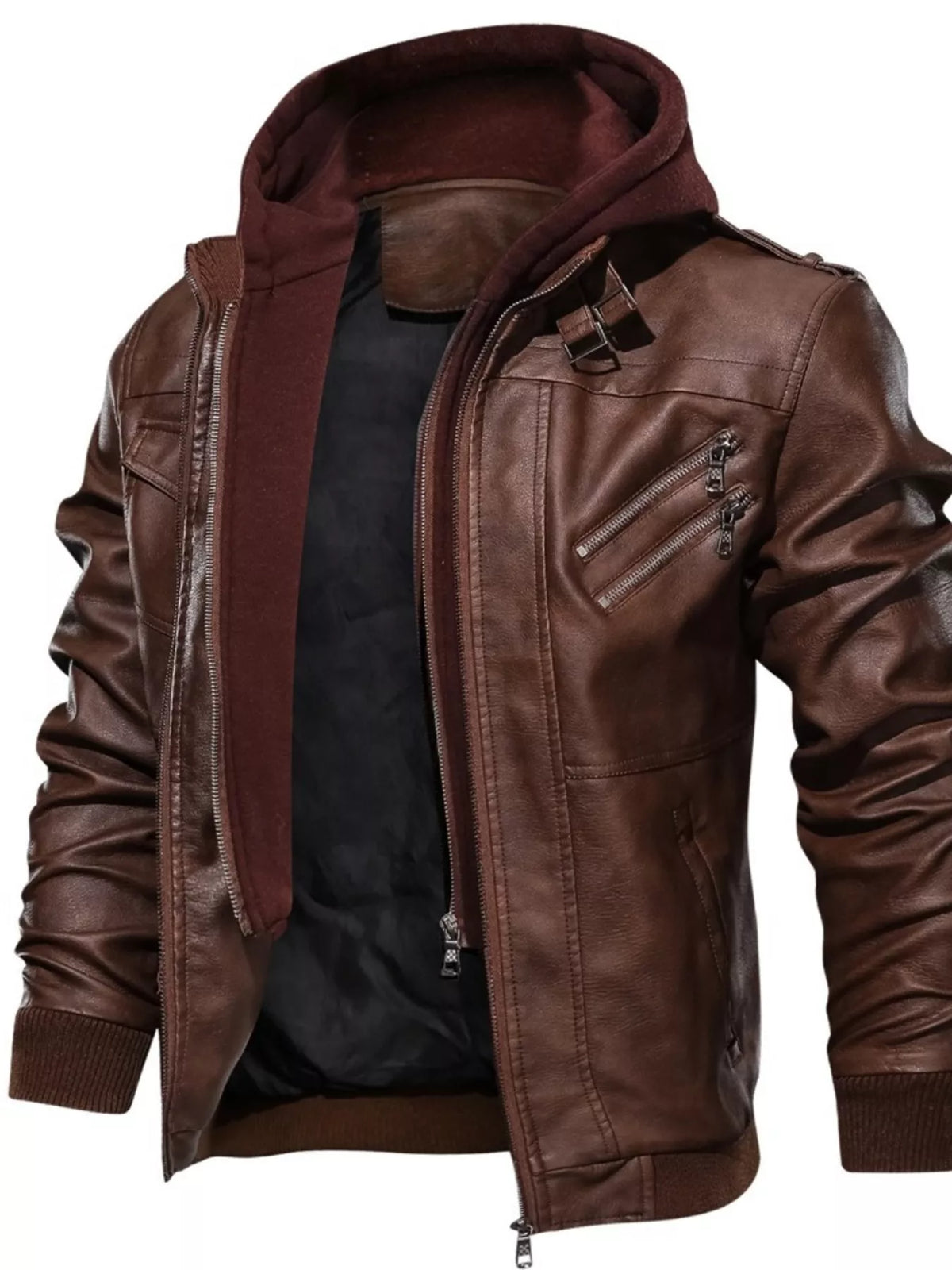 Men's Full Size Hooded Faux Leather Moto Jacket Plus Size - Lilixa.store