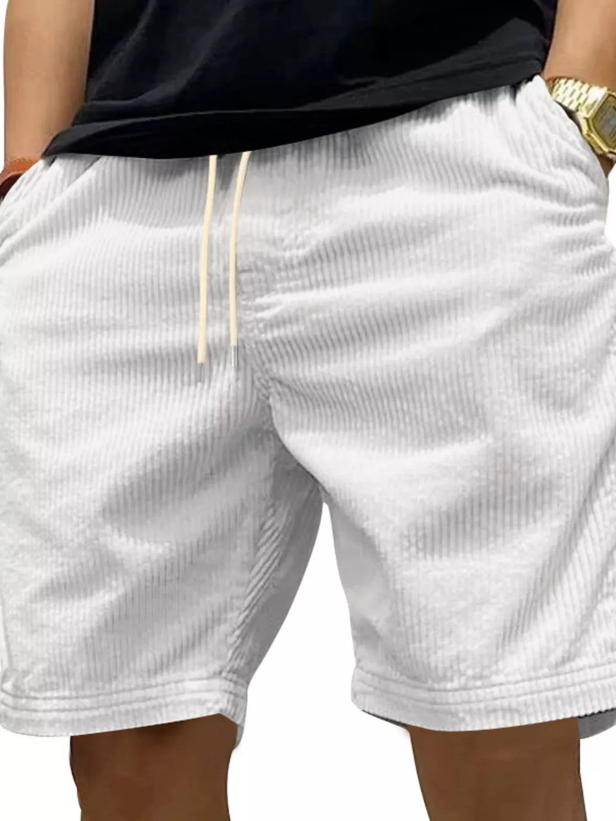 Men's Full Size Casual Corduroy Drawstring Shorts Plus Size in White