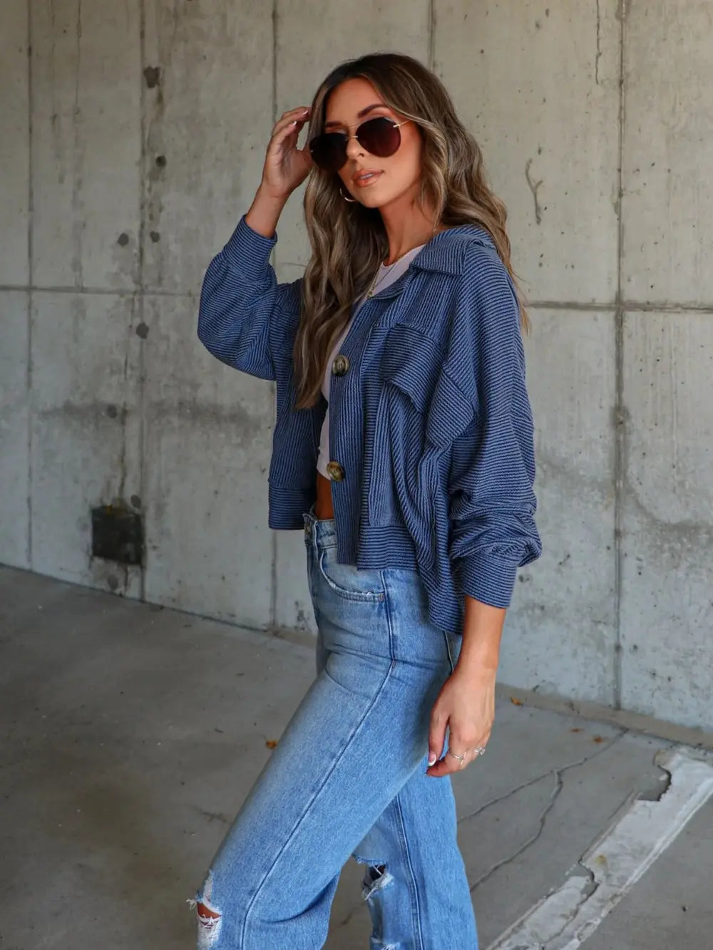 Ribbed Collared Neck Button Up Jacket, view 2