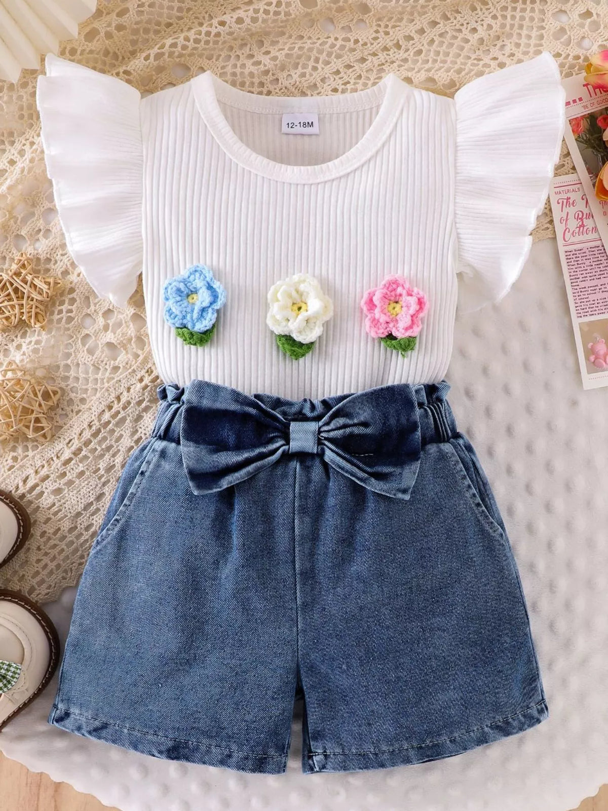 Children's Ruffled Flower Top and Denim Shorts Set - Lilixa.store