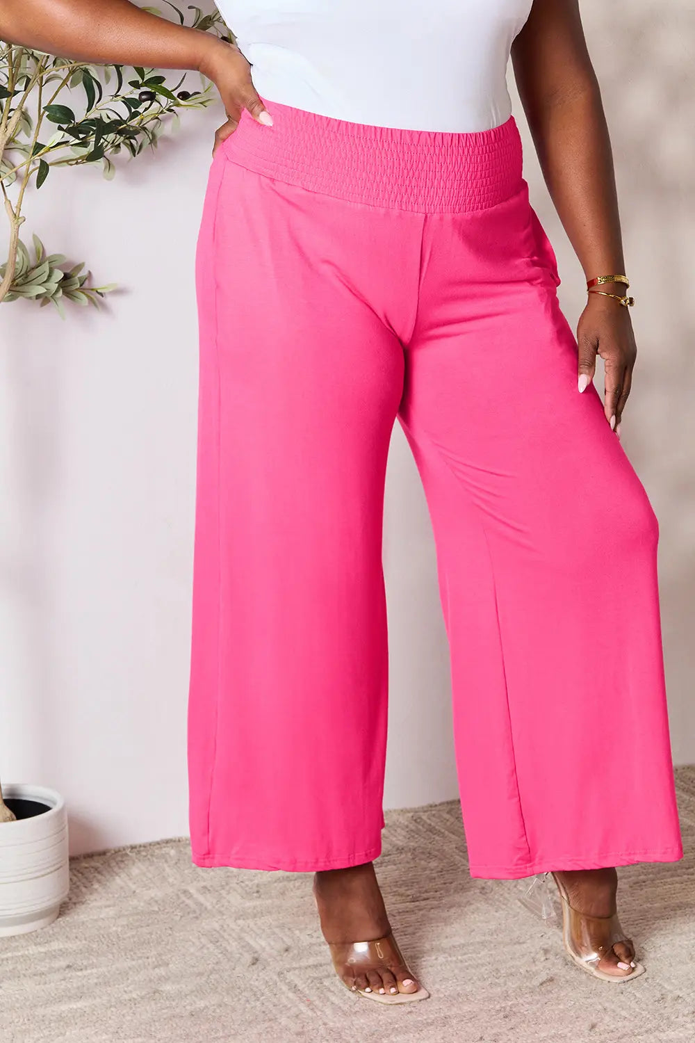 Basic Bae Full Size Smocked Wide Waistband Wide Leg Pants - Lilixa.store