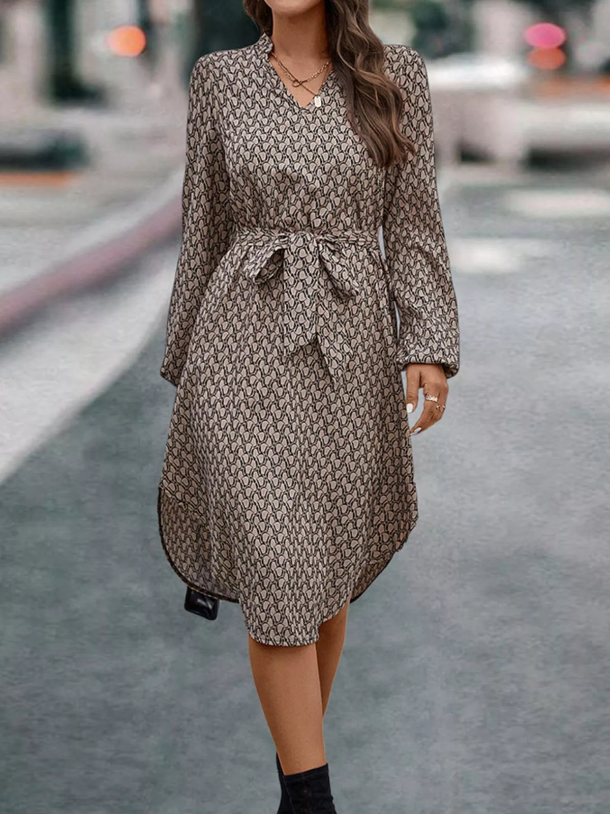 V-Neck Long Sleeve Printed Dress - Lilixa.store