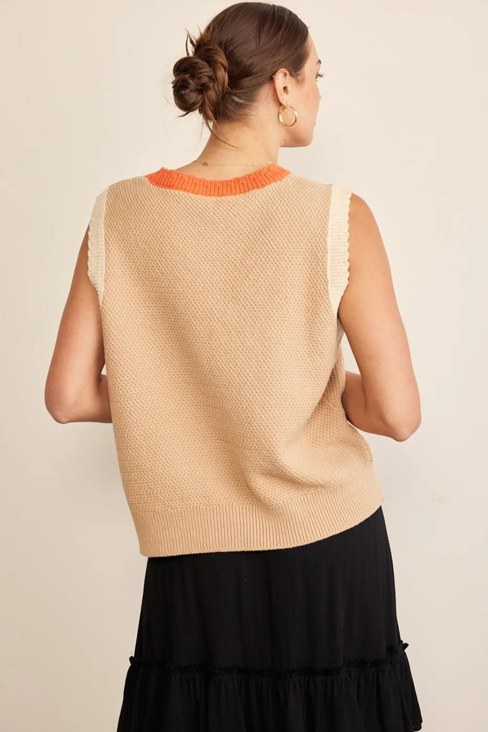 In February Contrast Round Neck Sweater Vest in Taupe Multi, view 2