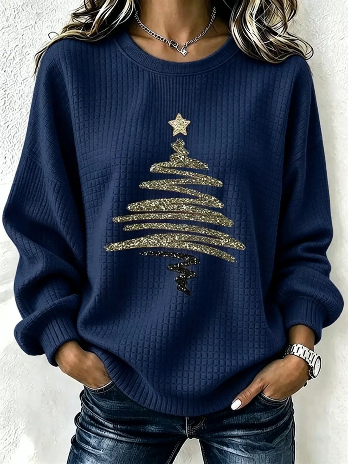 Full Size Festive Christmas Tree Graphic Ribbed Sweatshirt Plus Size in Dark Navy