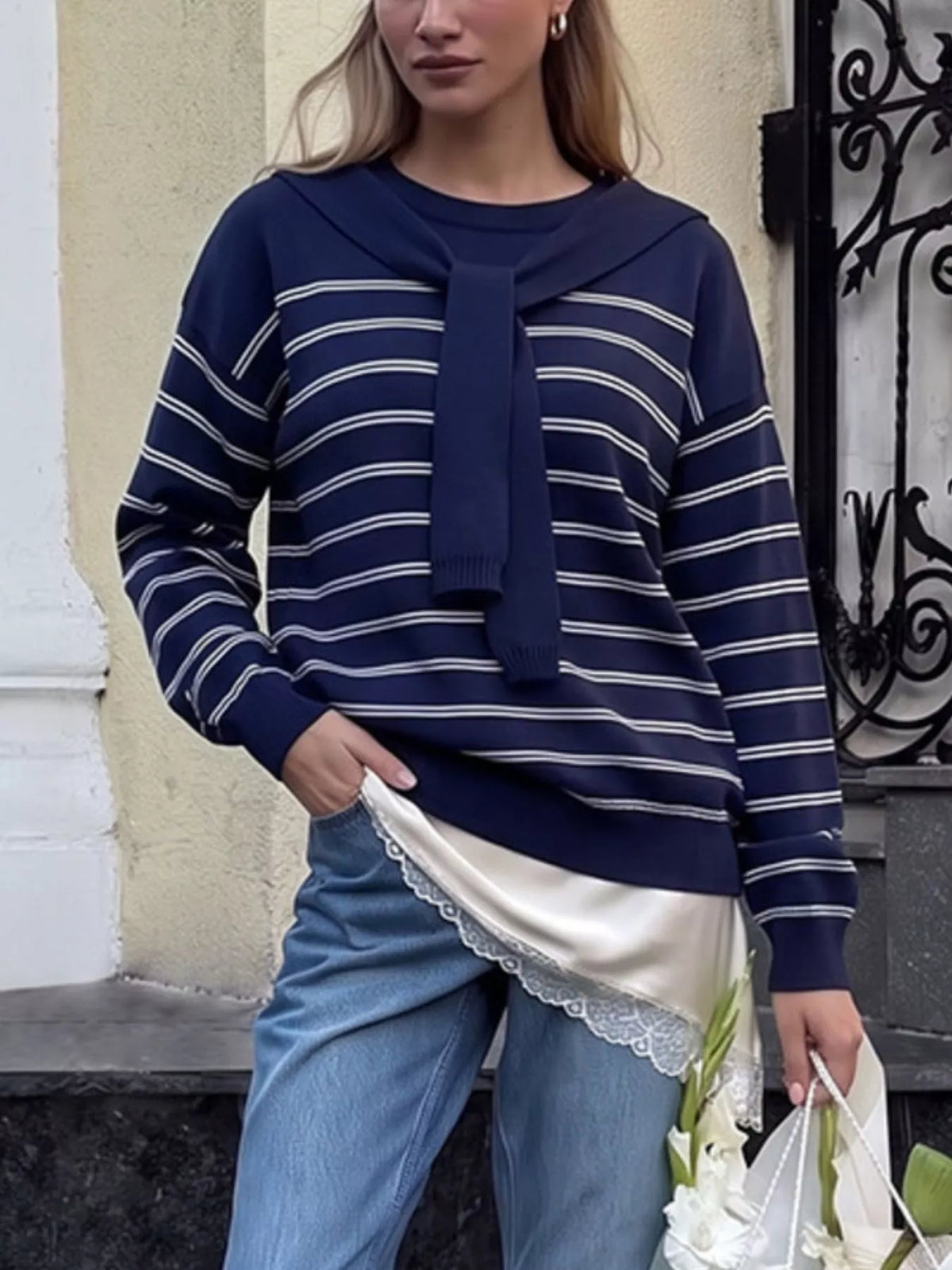 Classic Striped Crewneck Knit Top with Layered Sweater Detail, view 13